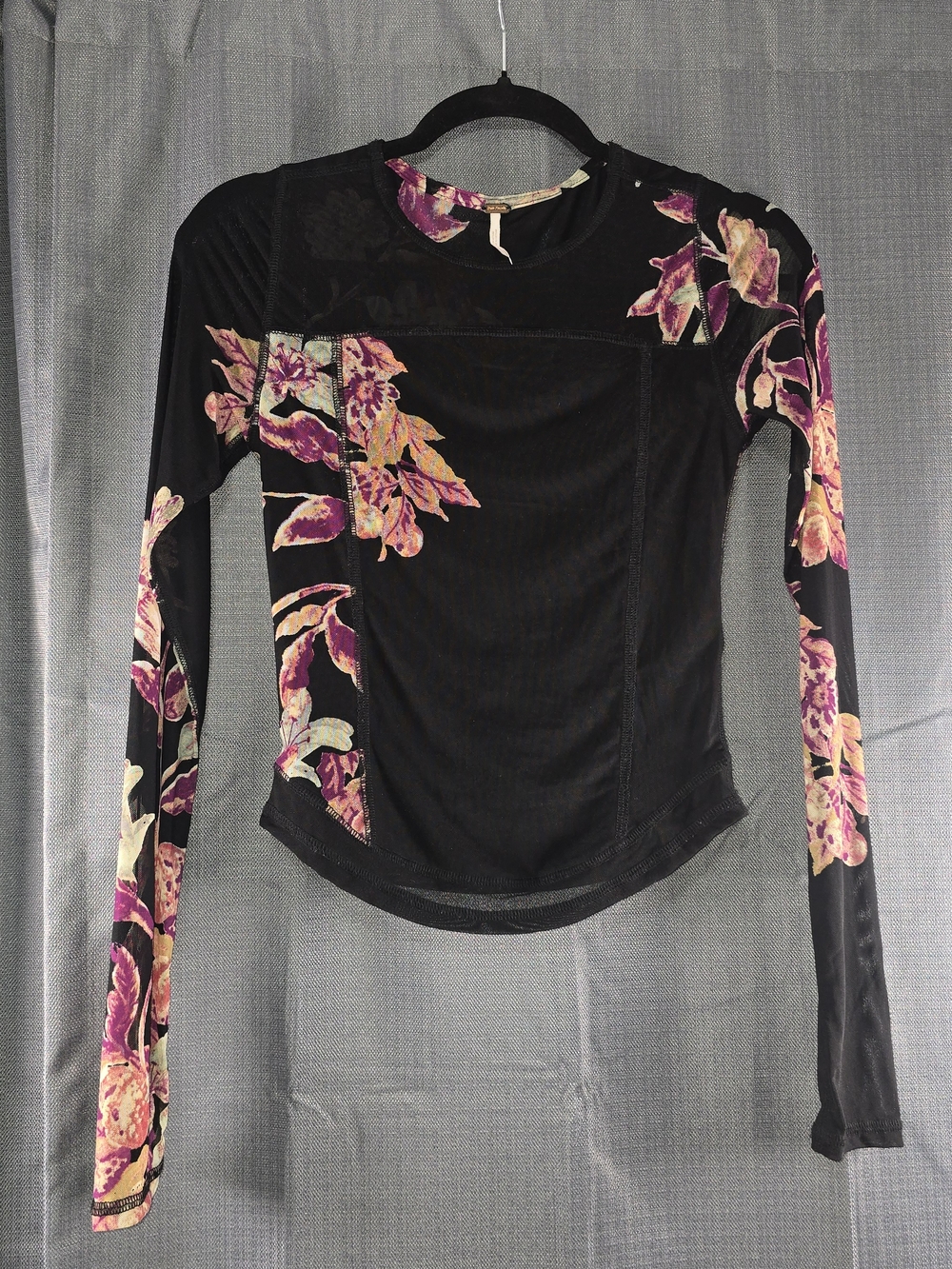 Free People Black Long-Sleeve Tee with Pink & Cream Floral Panels